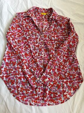 Roller Rabbit Amanda Guy Shirt XS Red Pink Floral Block Print Button Down